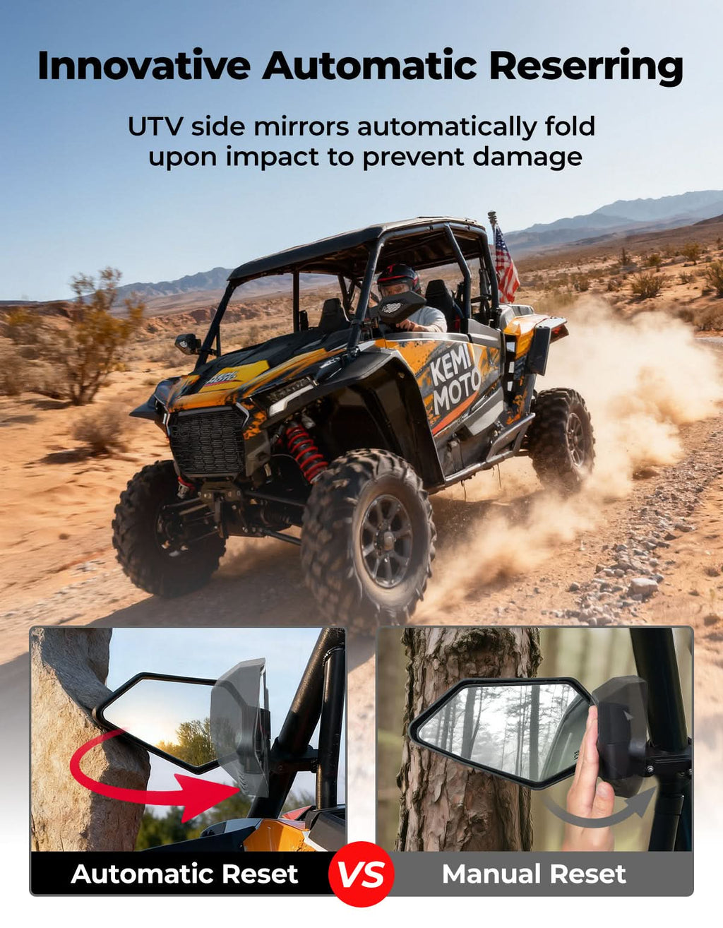 UTV Side Mirrors, Auto-Fold for RZR, Can-Am, Talon, Mule – US Flag Pattern – fits Kawasaki Mule