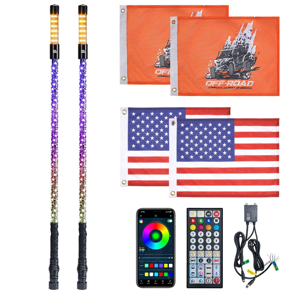 3FT LED Whip Lights 2PCS with Strobe & SOS Modes, Bluetooth App Control for Polaris RZR & Can-Am X3 – fits Polaris RZR