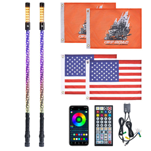 3FT LED Whip Lights 2PCS with Strobe & SOS Modes, Bluetooth App Control for Polaris RZR & Can-Am X3 – fits Polaris RZR