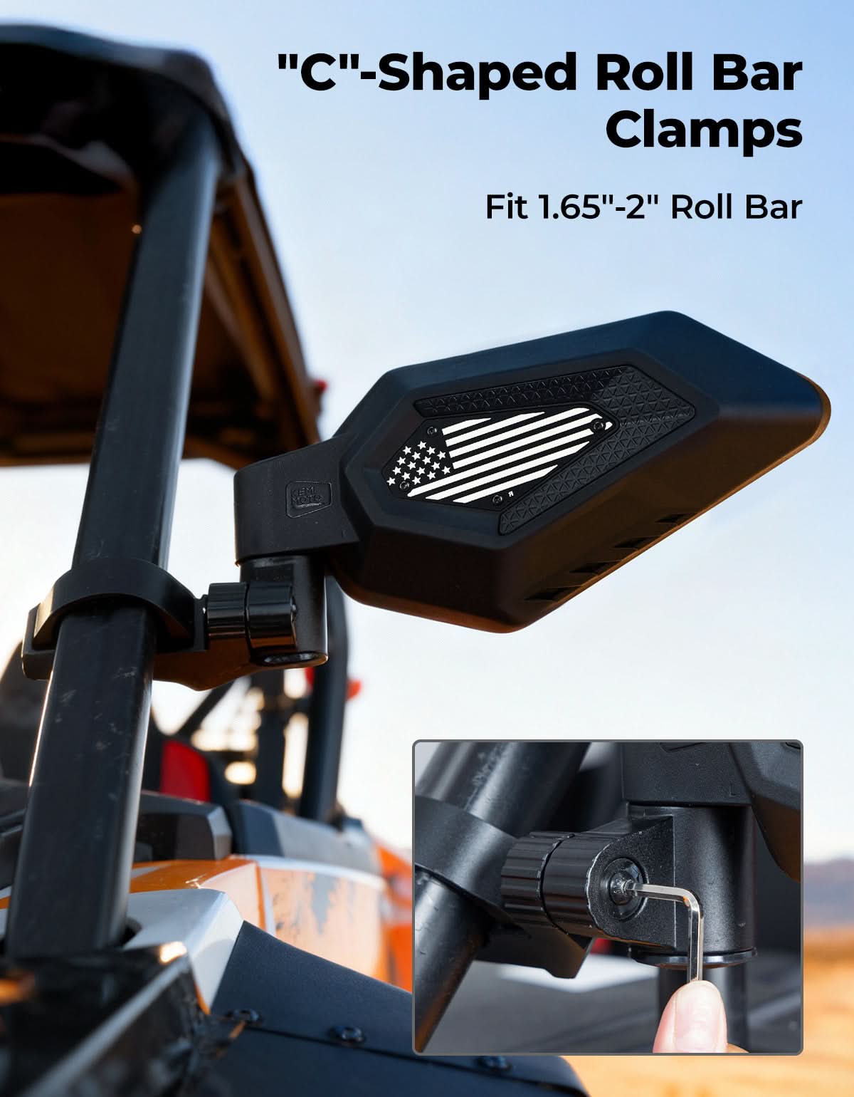 UTV Side Mirrors, Auto-Fold for RZR, Can-Am, Talon, Mule – US Flag Pattern – fits Polaris RZR