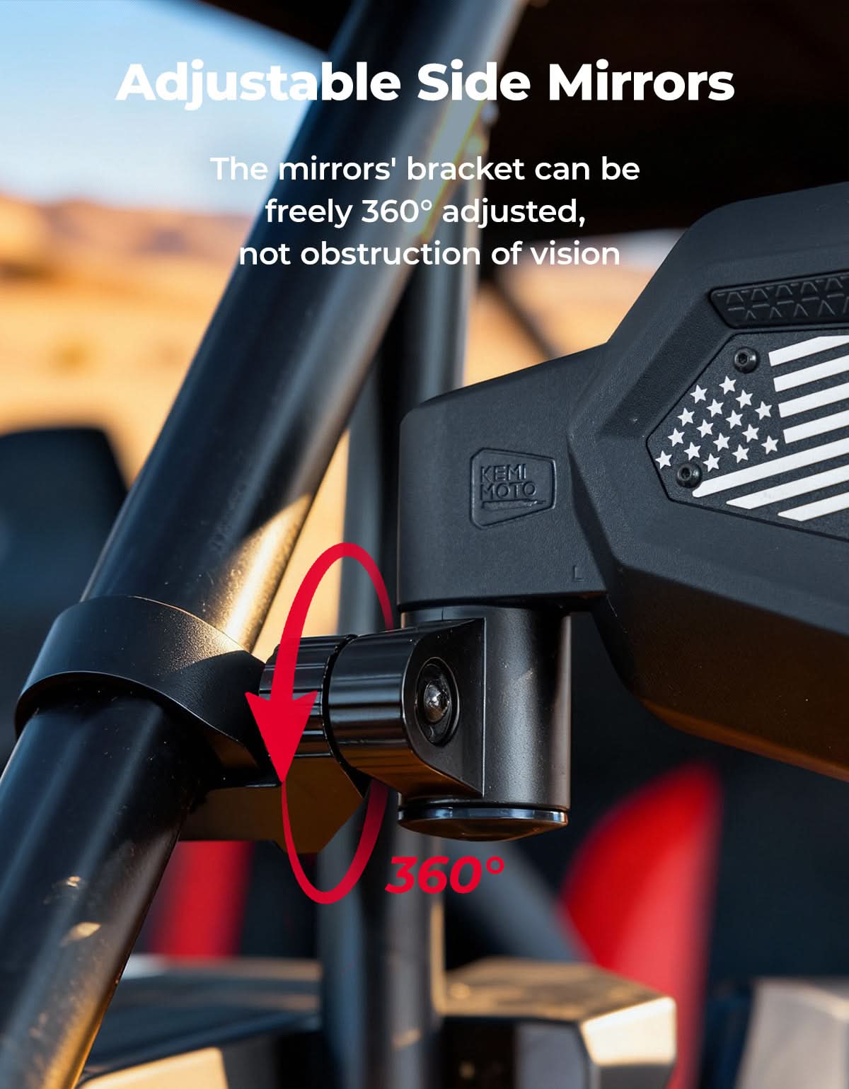 UTV Side Mirrors, Auto-Fold for RZR, Can-Am, Talon, Mule – US Flag Pattern – fits Honda Talon (view 4)