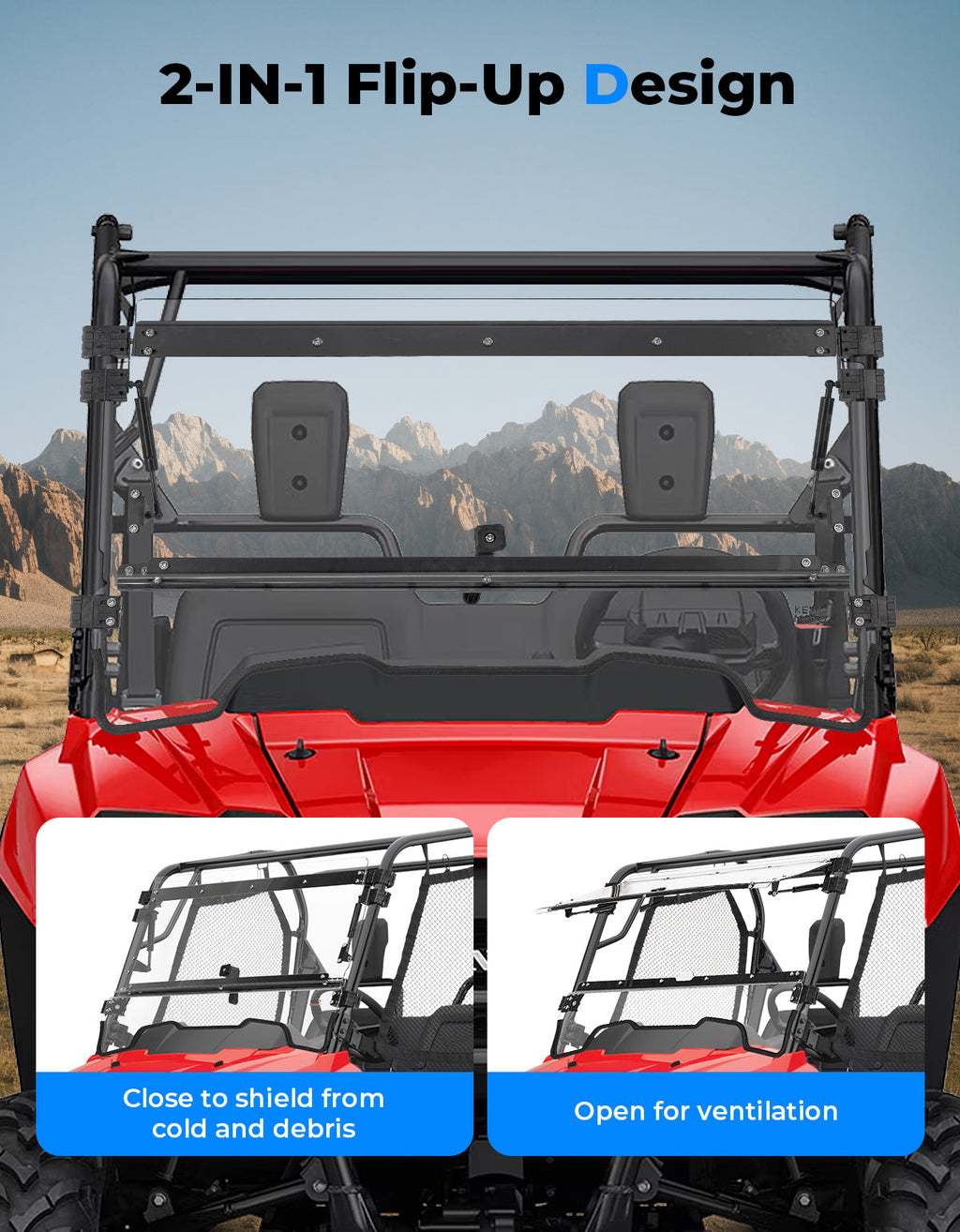 UTV Flip Up Windshield for Pioneer 700/700-4 2014-2026 – fits Honda Pioneer (view 2)