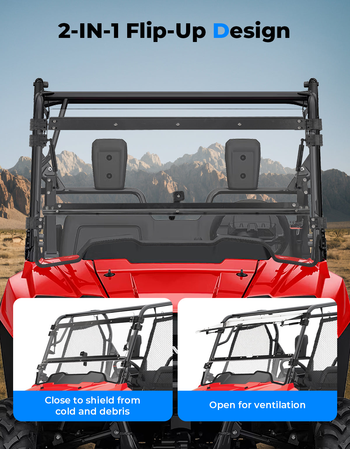 UTV Flip Up Windshield for Pioneer 700/700-4 2014-2026 – fits Honda Pioneer (view 2)