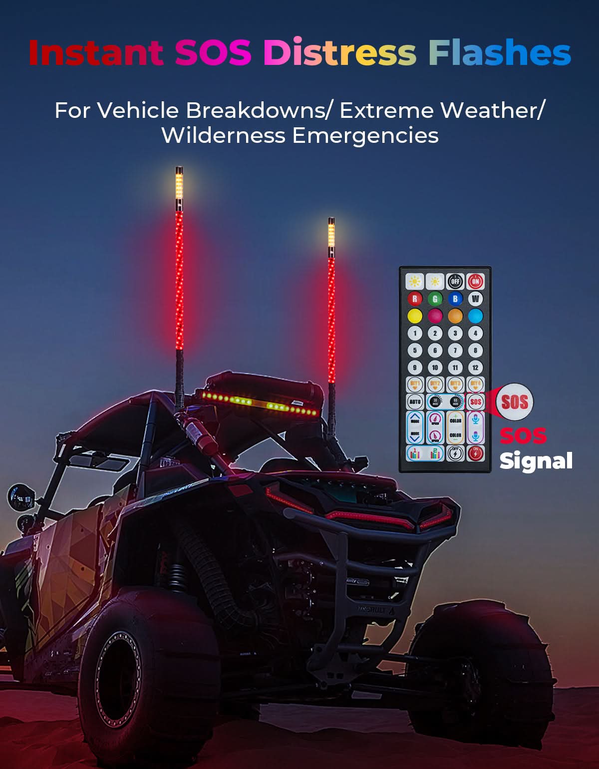 3FT LED Whip Lights 2PCS with Strobe & SOS Modes, Bluetooth App Control for Polaris RZR & Can-Am X3 – fits Polaris RZR...