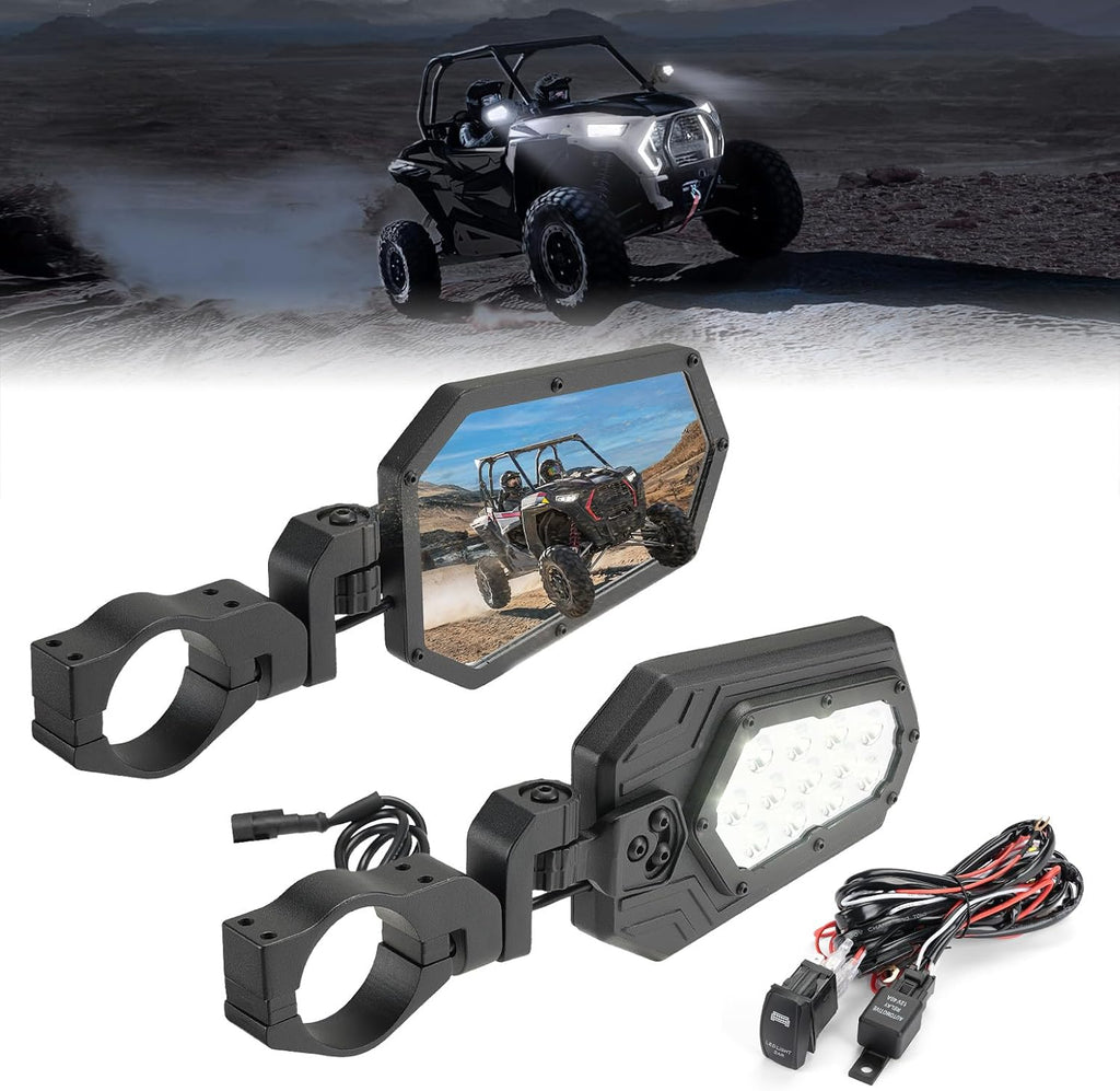 Aluminum UTV Side Mirrors Lights for Can Am Maverick X3/ RZR w/ 1.75"-2" Roll Bar – fits Can-Am Maverick X3 2-Seat