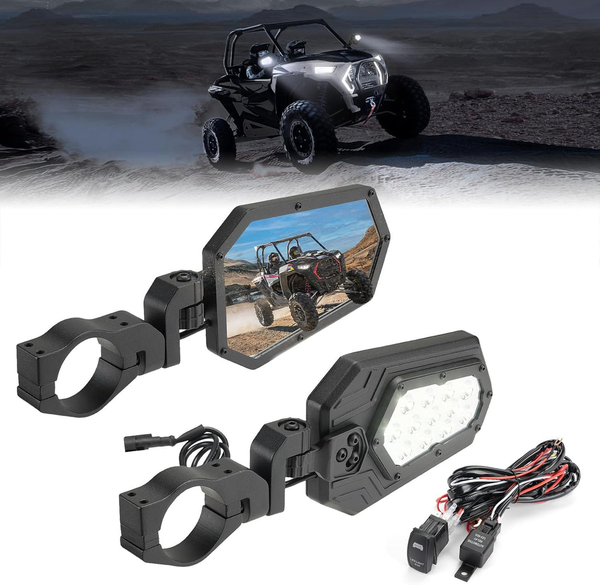 Aluminum UTV Side Mirrors Lights for Can Am Maverick X3/ RZR w/ 1.75"-2" Roll Bar – fits Can-Am Maverick X3 2-Seat