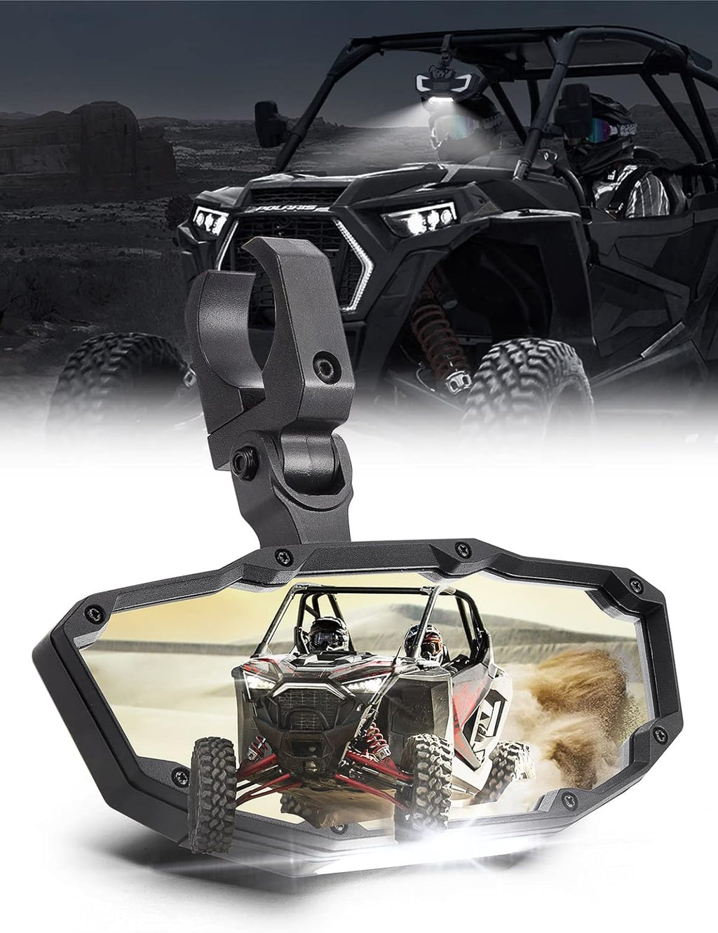 Rear View Mirror with Light Built-in Rechargeable Battery for 1.65" -2" Roll Bar
