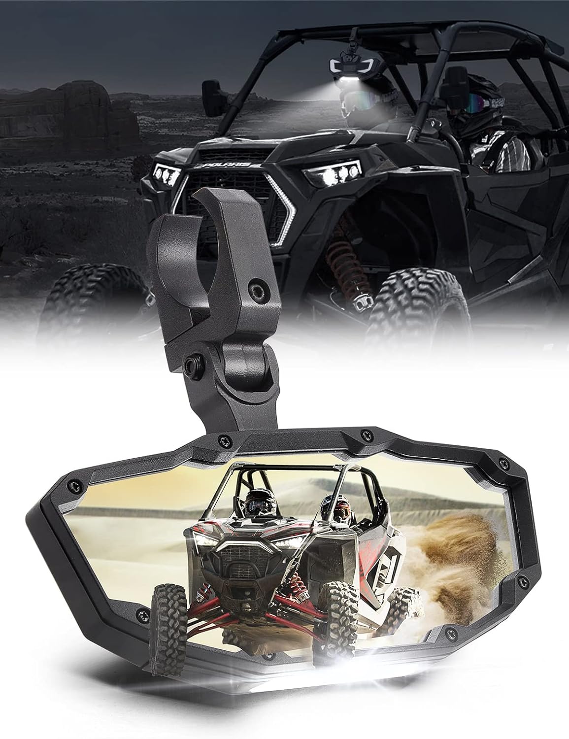 Rear View Mirror with Light Built-in Rechargeable Battery for 1.65" -2" Roll Bar
