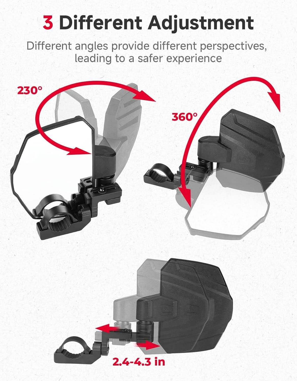 3 in 1 Large Side Mirrors Fit in 1.65-2" Roll-Bar For RZR|X3|Pioneer|Uforce