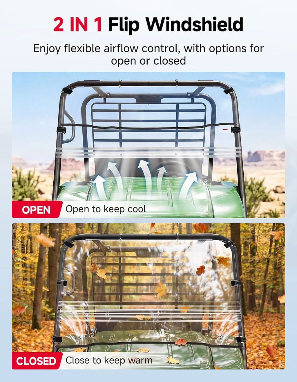 UTV Flip Windshield For Kawasaki Mule – fits Kawasaki Mule 4000 / 4010 (view 2)