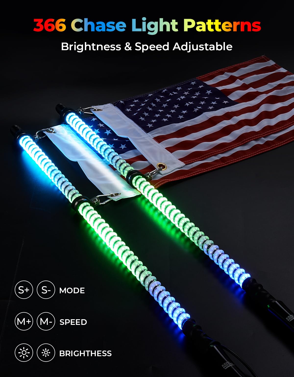 2PCS 4FT COB LED Whip Lights – 2016 LEDs, Bluetooth APP Control – Fit Can-Am X3, Polaris RZR, UTV/ATV