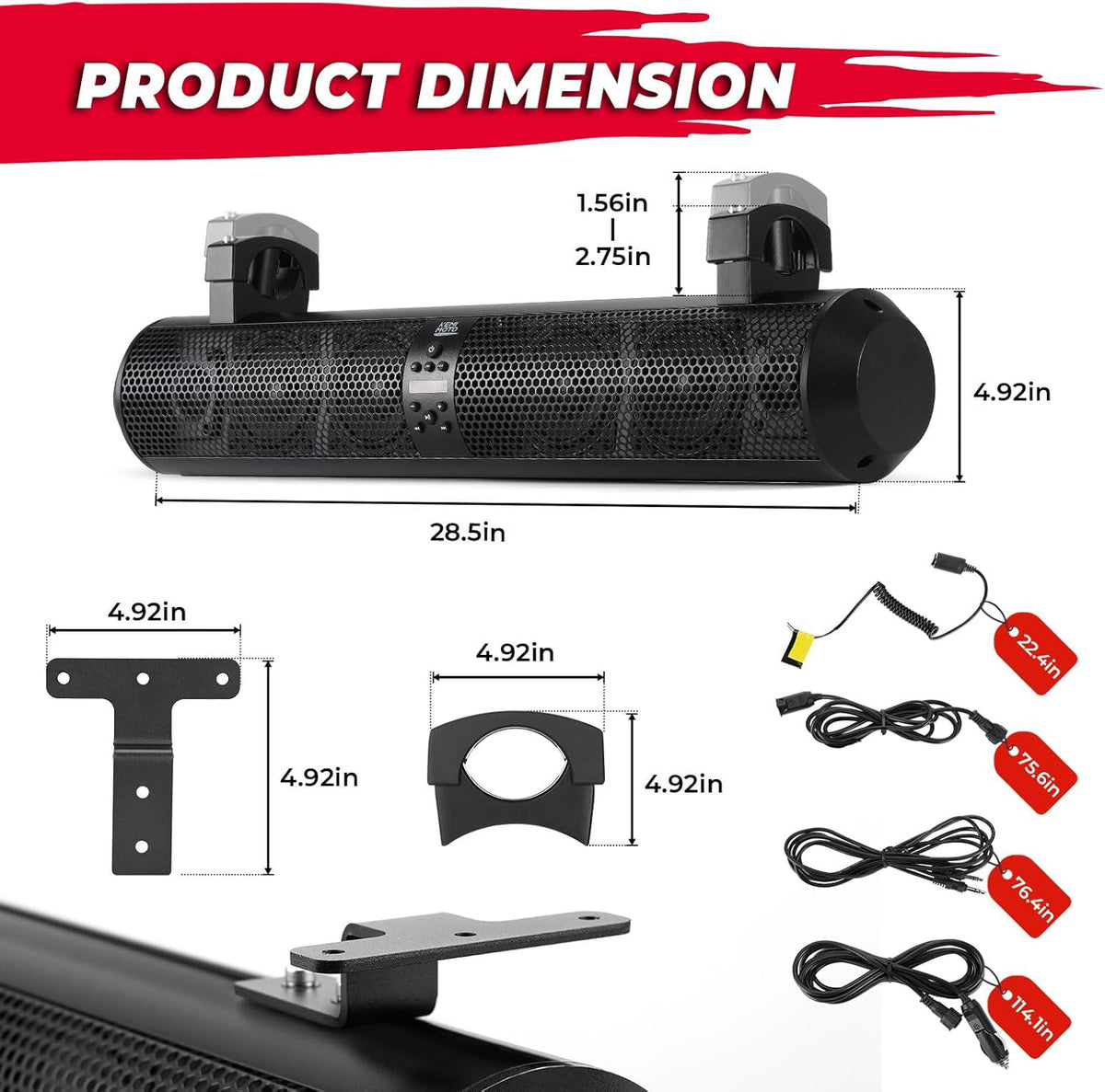SxS UTV Sound Bar System Bluetooth Speaker 500W 28" Outdoor Marine Soundbars – fits Polaris RZR Pro XP (view 7)