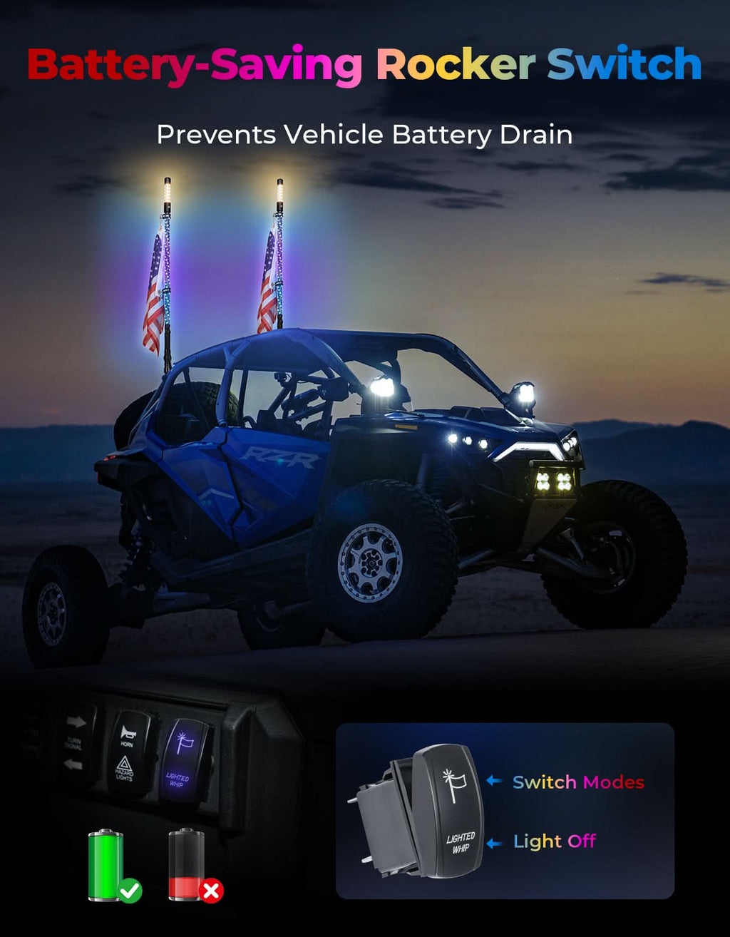 3FT LED Whip Lights 2PCS with Strobe & SOS Modes, Bluetooth App Control for Polaris RZR & Can-Am X3 – fits Polaris RZR...