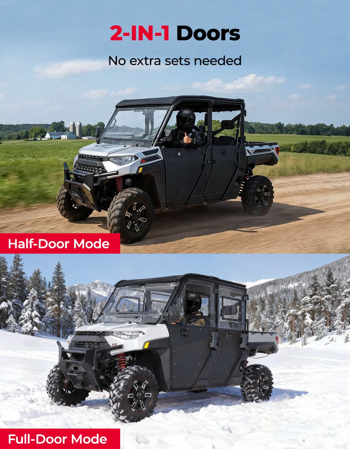 2-in-1 Convertible UTV Doors with Vented Window for Polaris Ranger Crew XP 1000 (2019-2026), Complete 4-Door Set