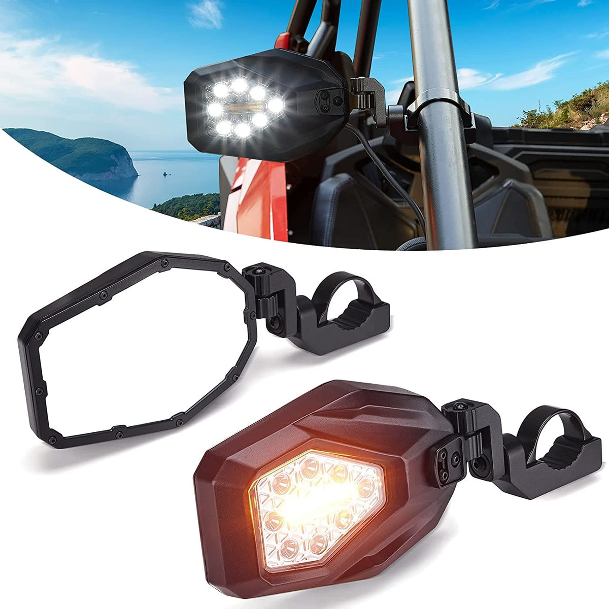 Side Mirrors with LED Turn Lights for Can Am Maverick X3/ RZR w/ 1.6"-2" Roll Bar