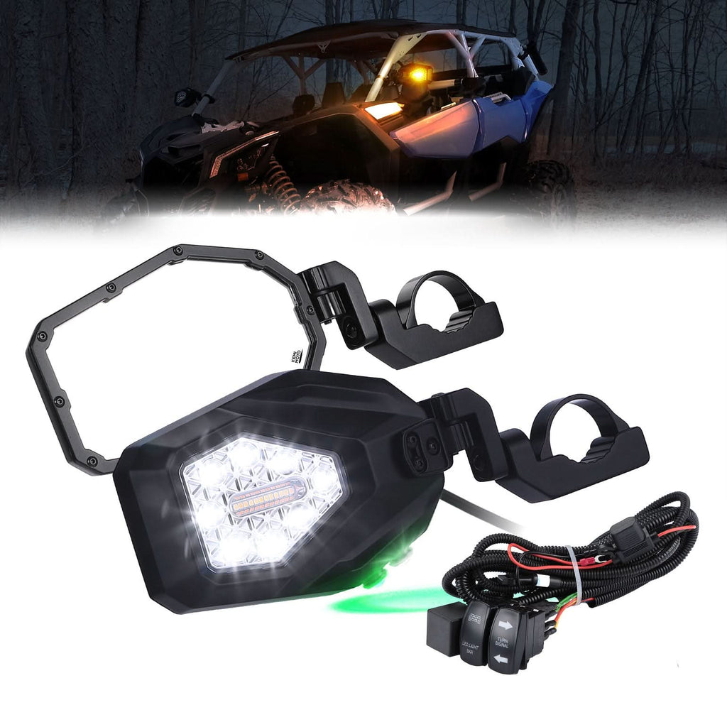 UTV LED Lighted Side Mirrors with Flowing Turn Signal for Polaris RZR/ 1.6"-2" Roll Bar