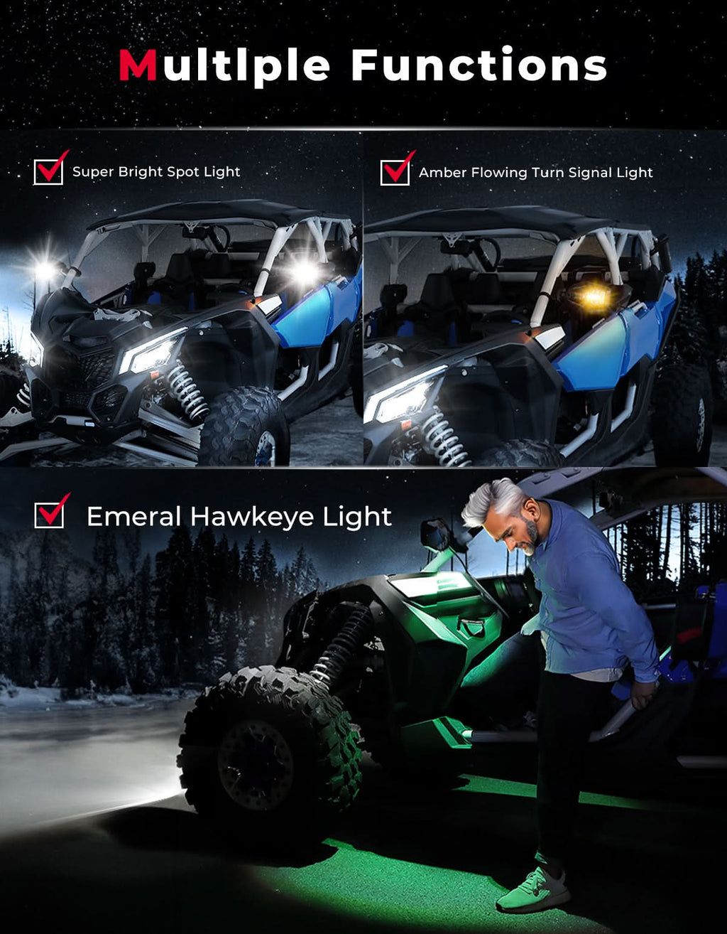 UTV LED Lighted Side Mirrors with Flowing Turn Signal for Polaris RZR/ 1.6"-2" Roll Bar