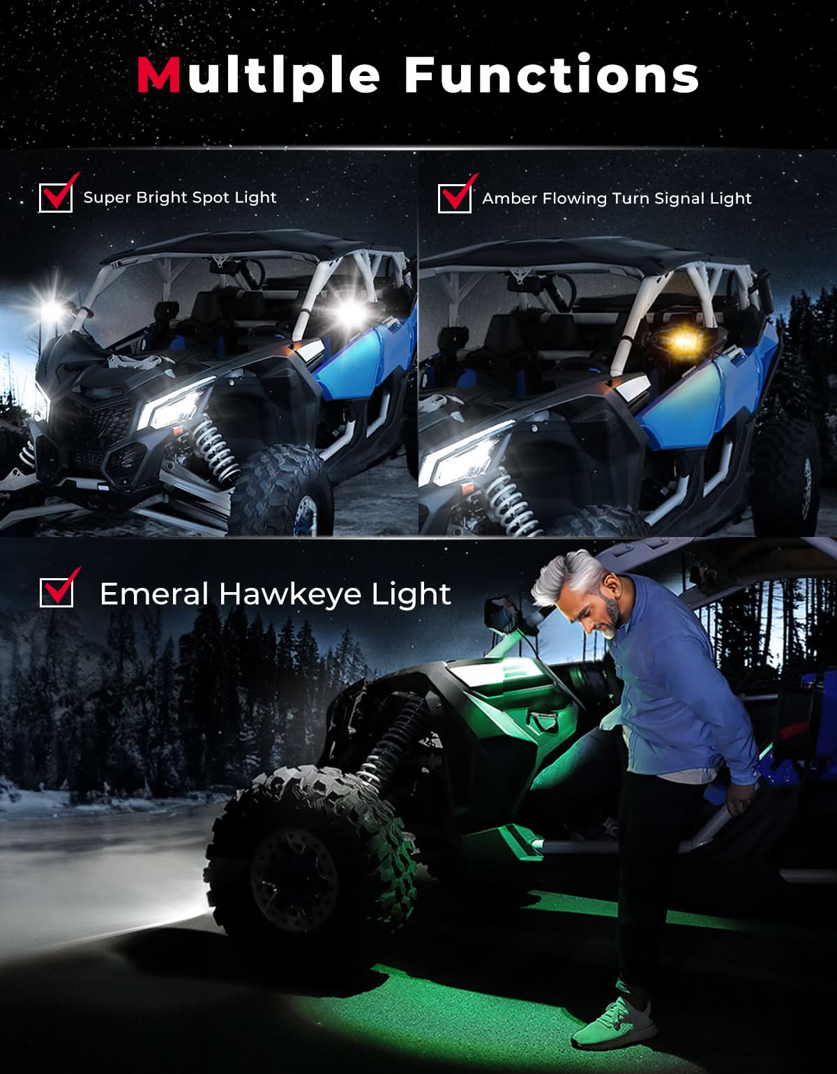 UTV LED Lighted Side Mirrors with Flowing Turn Signal for Polaris RZR/ 1.6"-2" Roll Bar