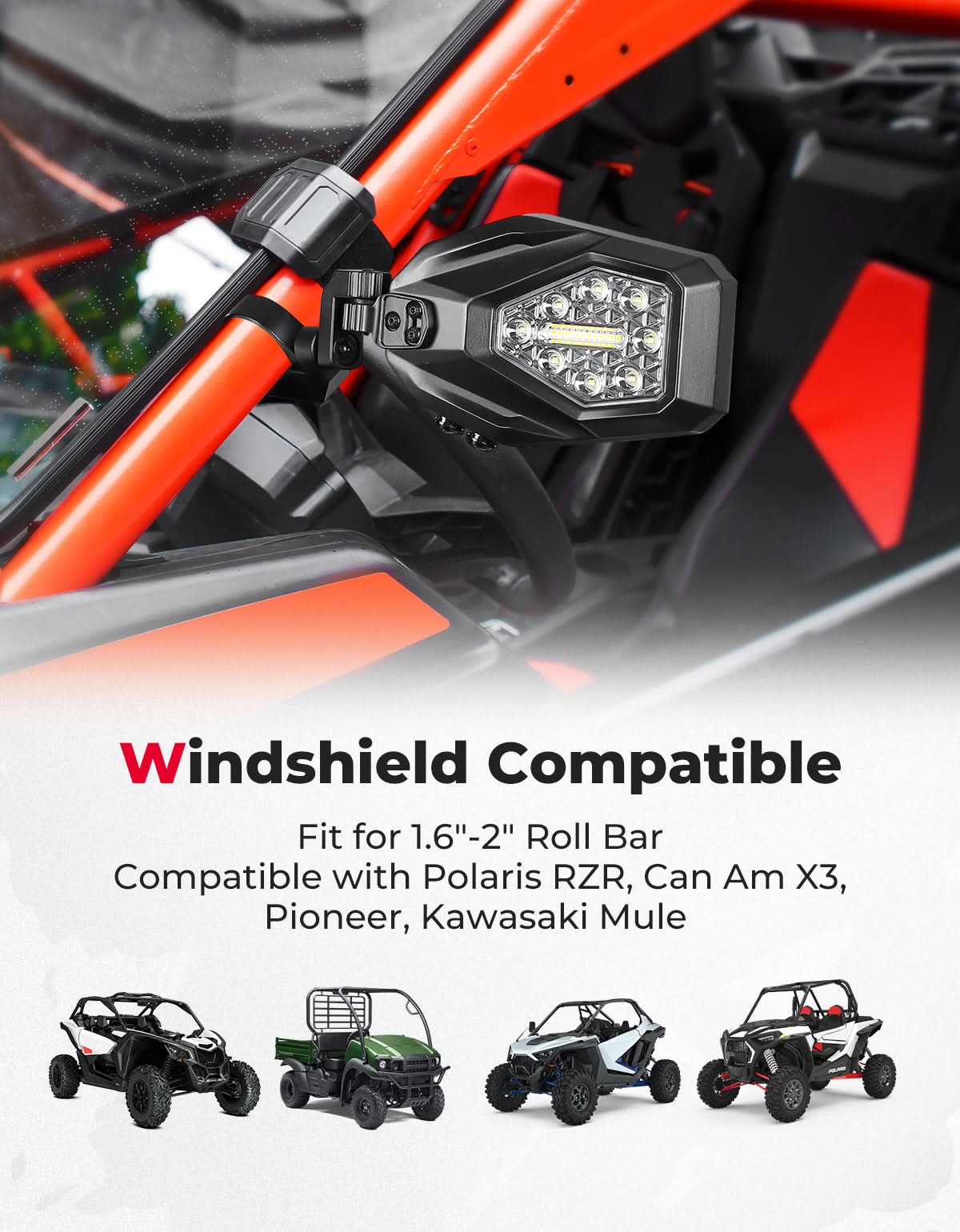 UTV LED Lighted Side Mirrors with Flowing Turn Signal for Polaris RZR/ 1.6"-2" Roll Bar