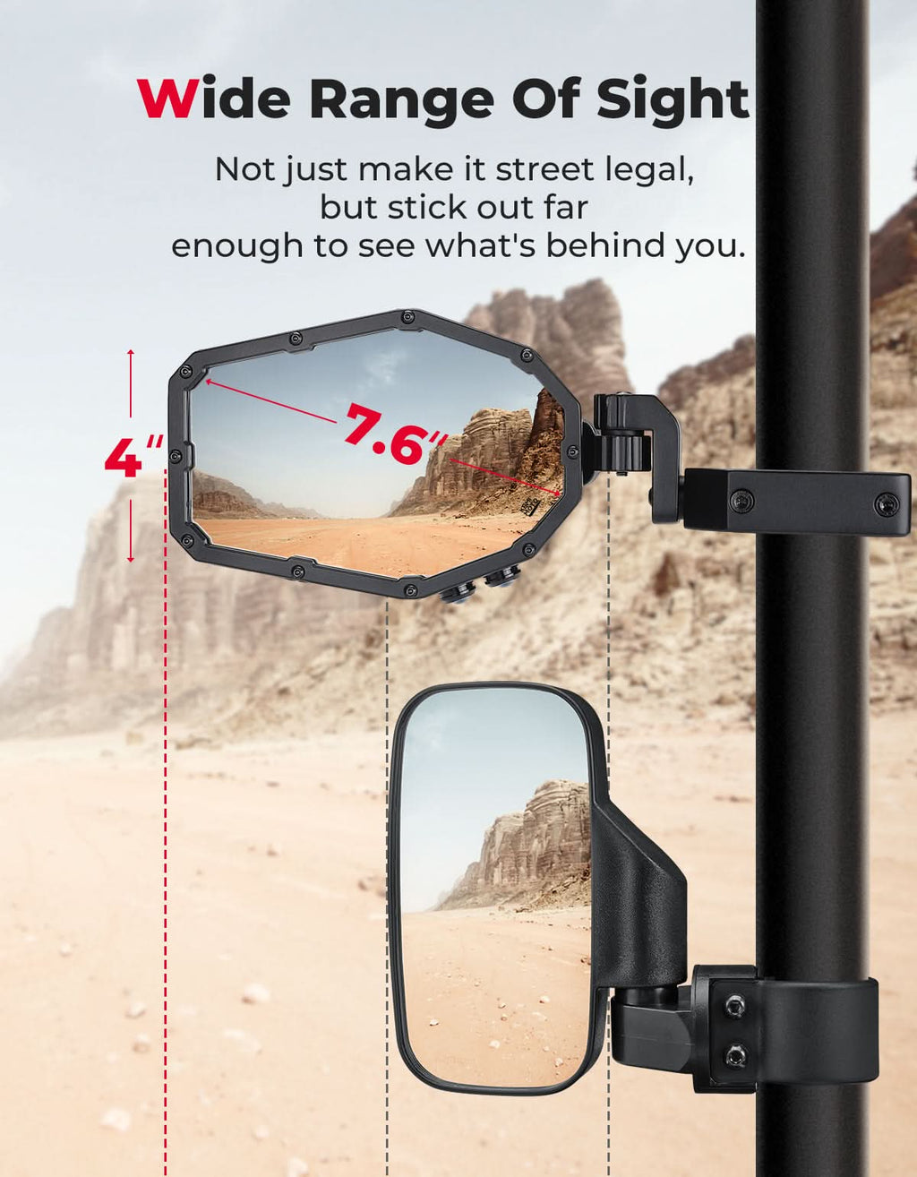 UTV LED Lighted Side Mirrors with Flowing Turn Signal for Polaris RZR/ 1.6"-2" Roll Bar