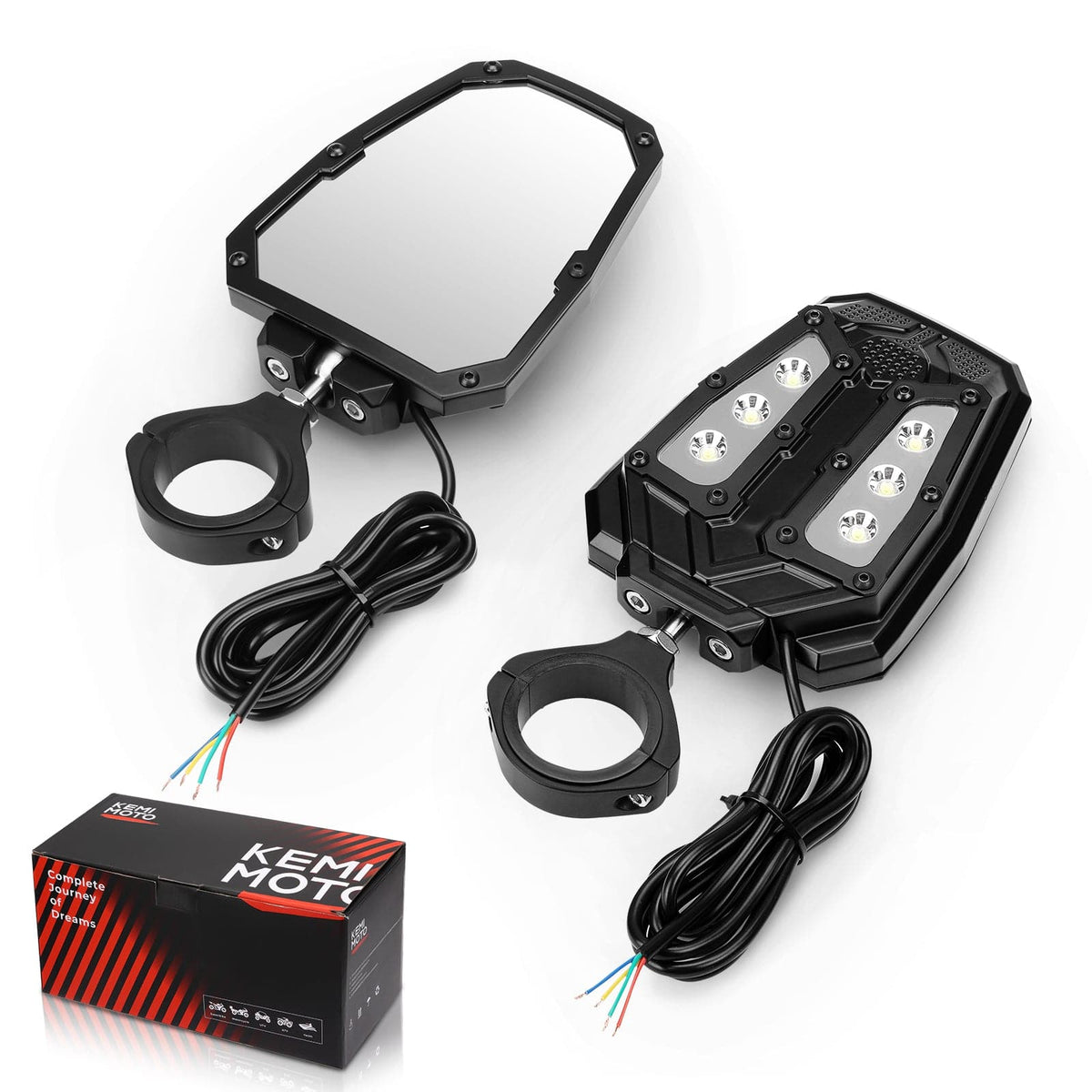 Universal 1.75"/2" Rear View Side Mirrors with LED Rock Light (1 pair)