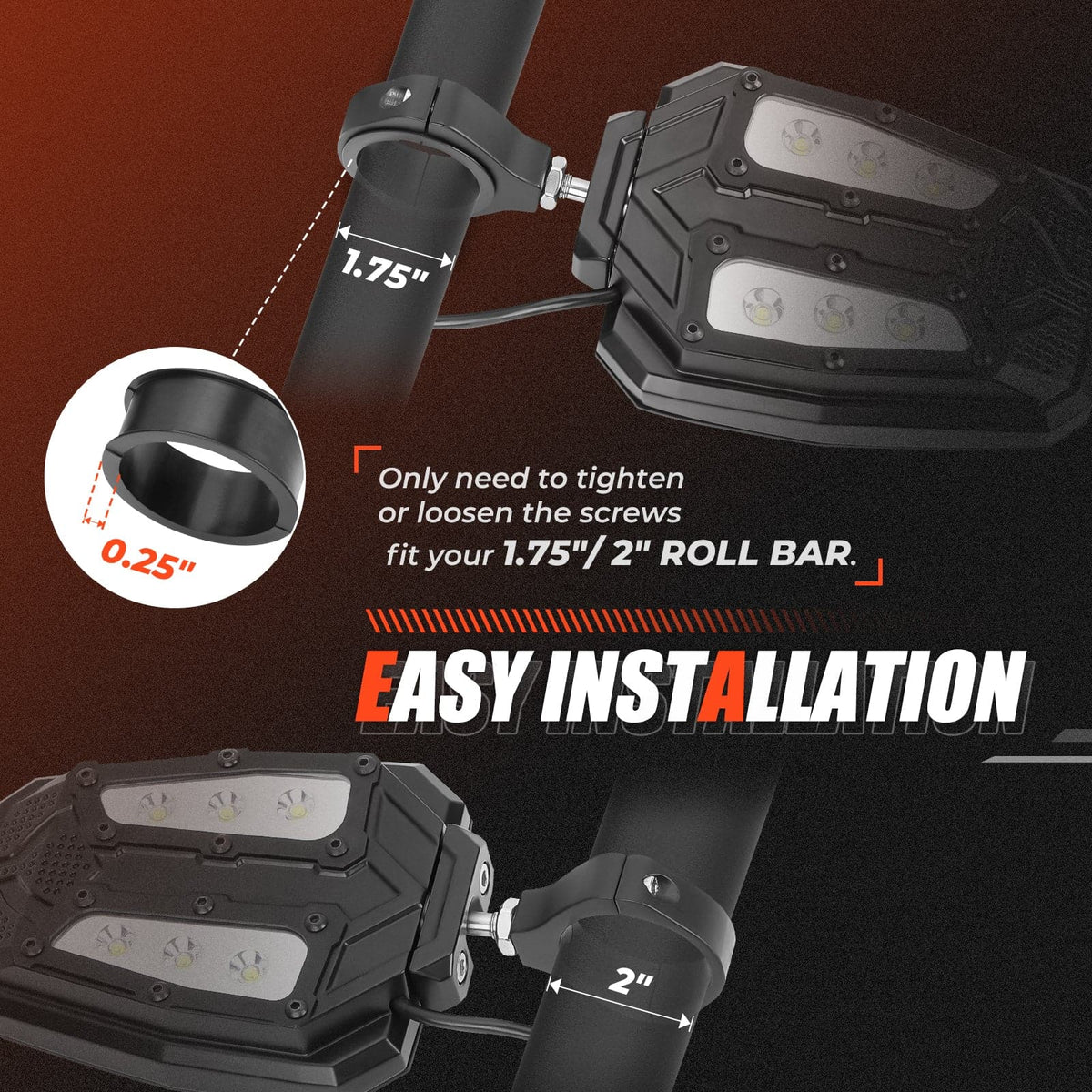Universal 1.75"/2" Rear View Side Mirrors with LED Rock Light (1 pair)