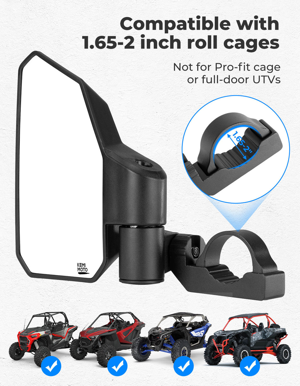 UTV Side Mirrors w/ 1.65"-2.0" Roll Cage for Polaris RZR/Can Am X3/Pioneer/Talon/Mule/CFMOTO – fits Polaris RZR (view 6)