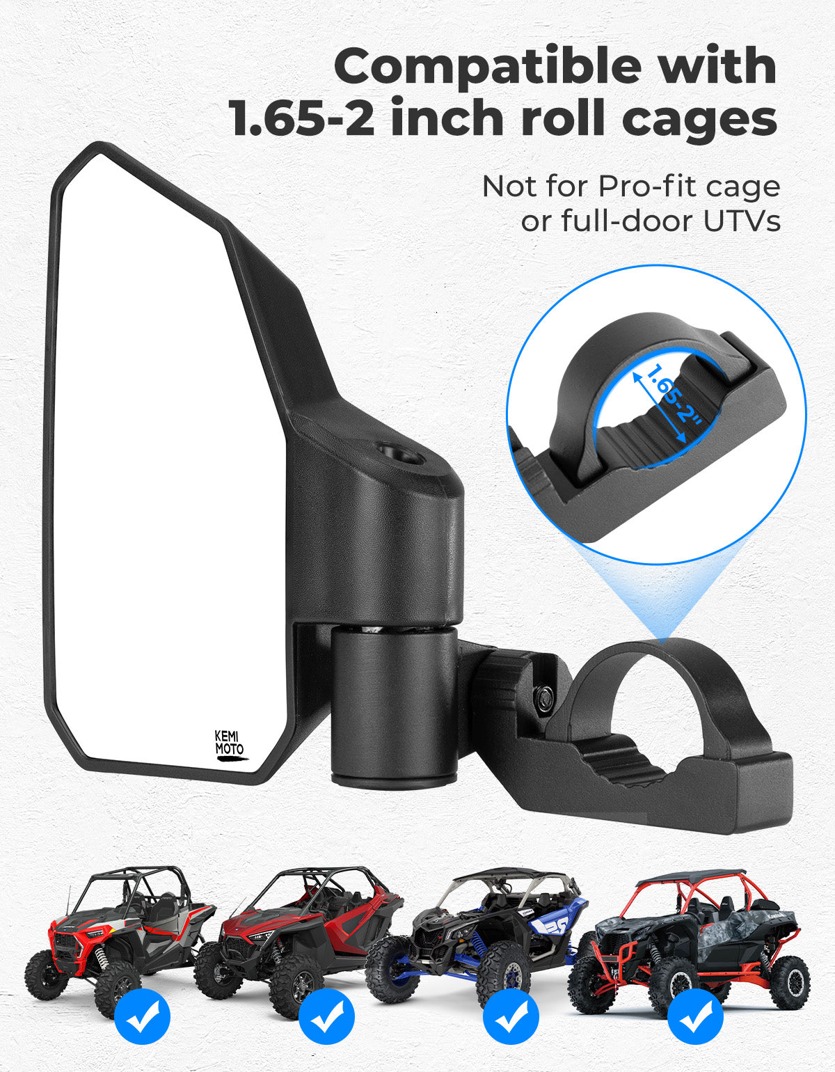 UTV Side Mirrors w/ 1.65"-2.0" Roll Cage for Polaris RZR/Can Am X3/Pioneer/Talon/Mule/CFMOTO – fits Polaris RZR (view 6)