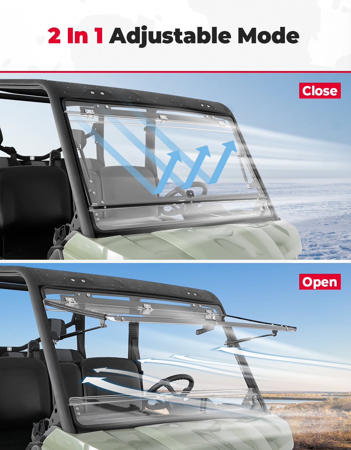 2-in-1 Flip Windshield 1/5" Thick Polycarbonate for Can-Am Defender HD5/8/10