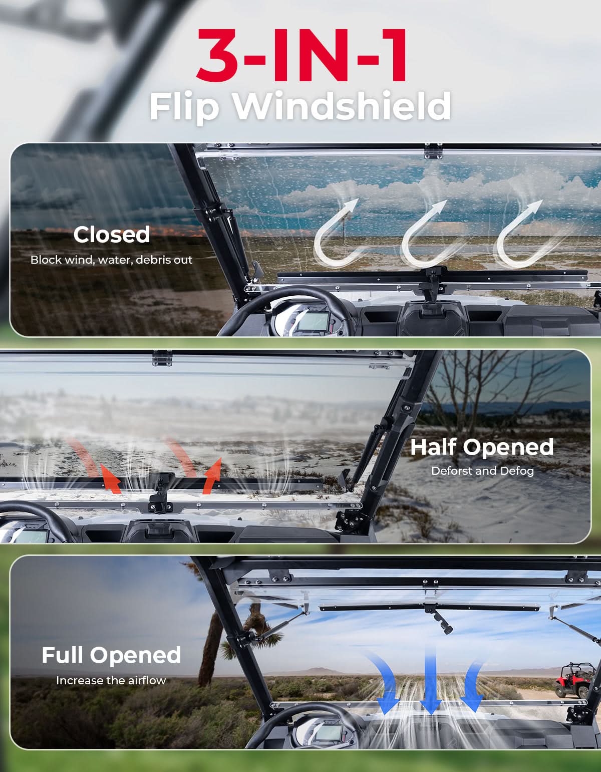 3-IN-1 Flip Windshield for Polaris Ranger XP 1000/ Crew XP 1000 2015-2026