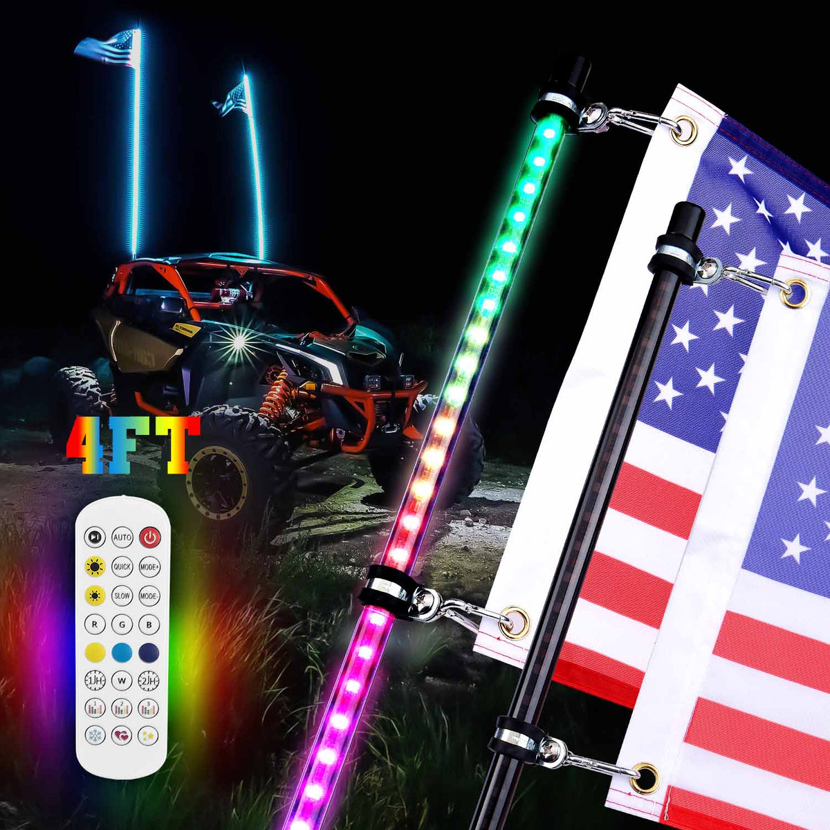 2pcs 4FT Black Limited LED Whip Light with RF Remote Control