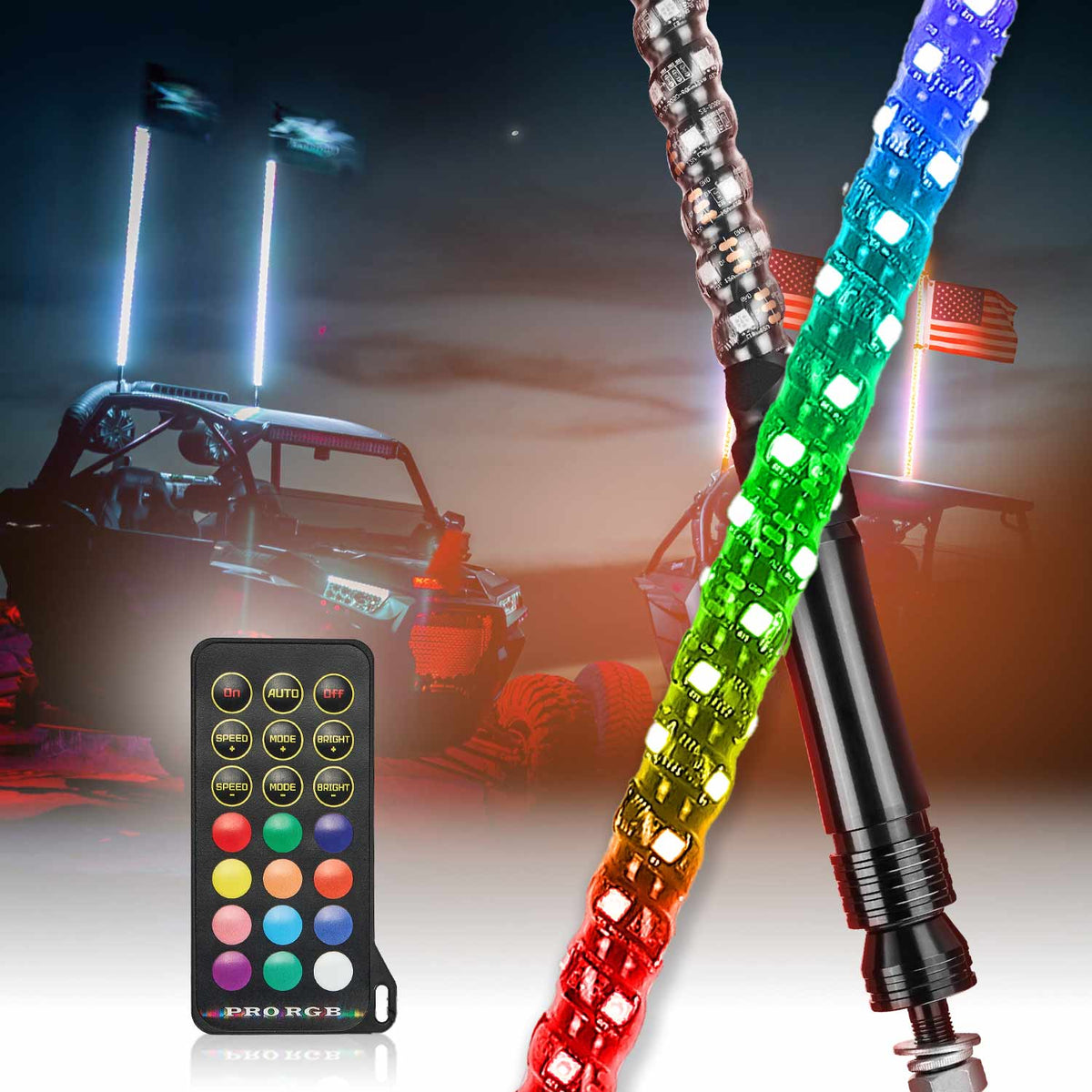 Spiral Whip Light Set, 2PCS Whip Light & Flag mount & 12V Switch On-off