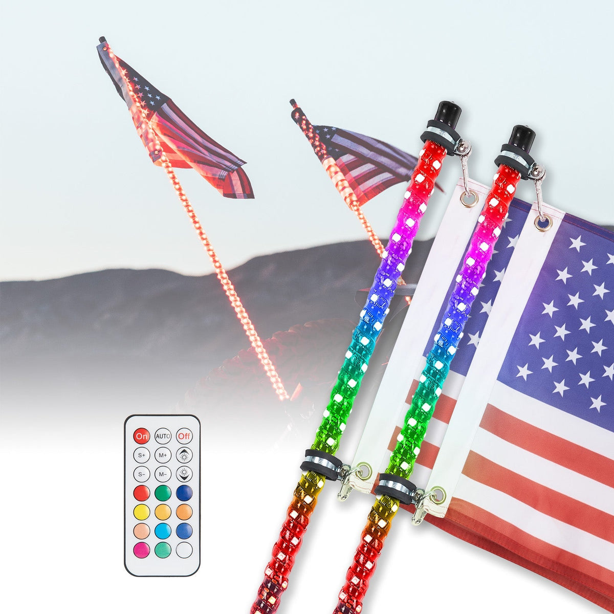 4FT Spiral Whip Light with RF Remote Control, 366 colors, 2 pcs