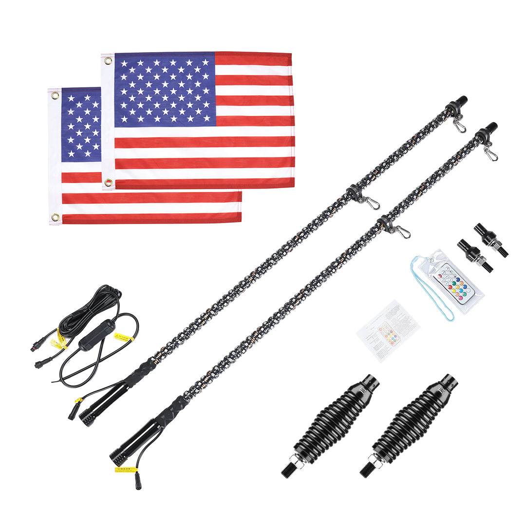 3FT Spiral Whip Light with RF Remote Control, 366 colors, 2 pcs