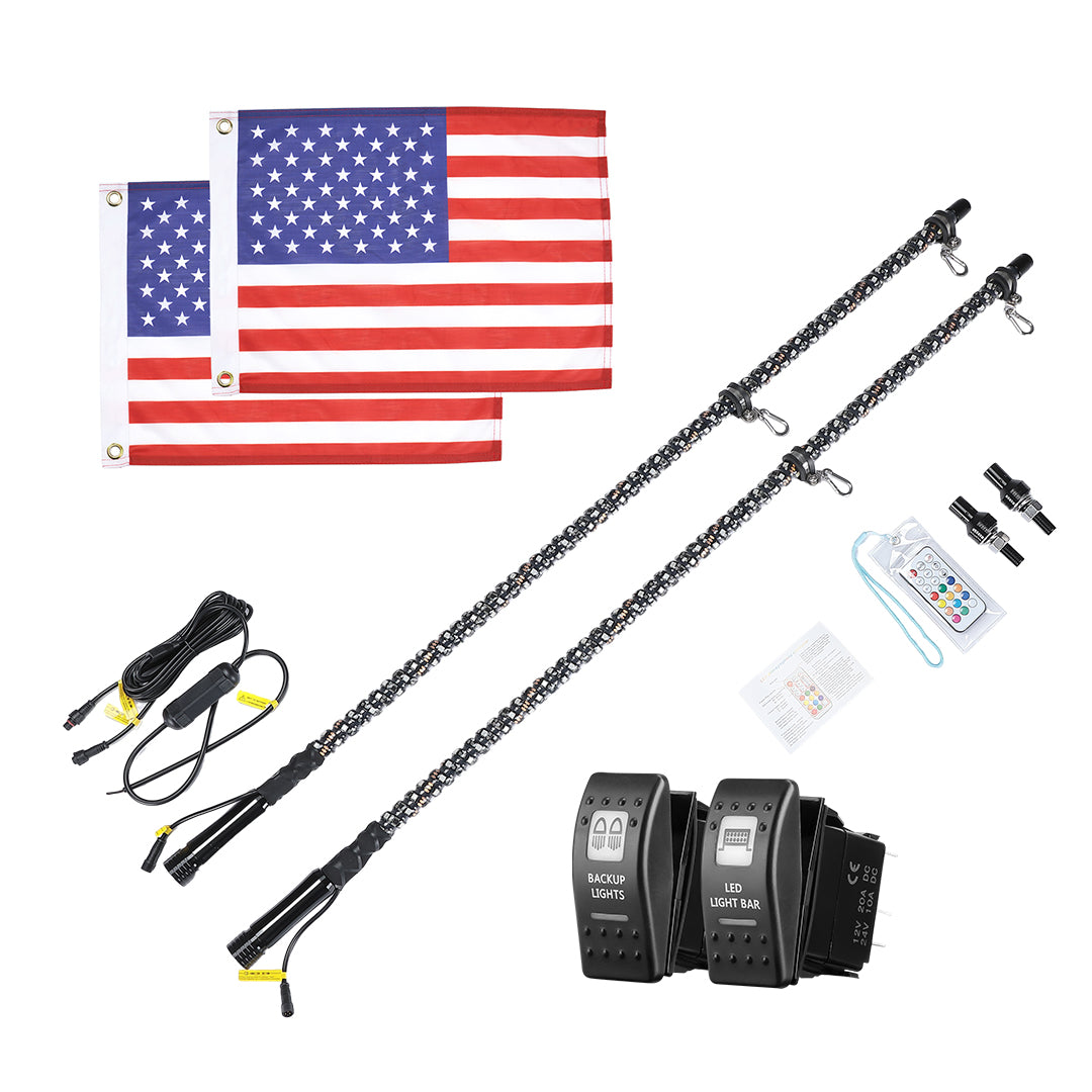 4FT Spiral Whip Light with RF Remote Control, 366 colors, 2 pcs