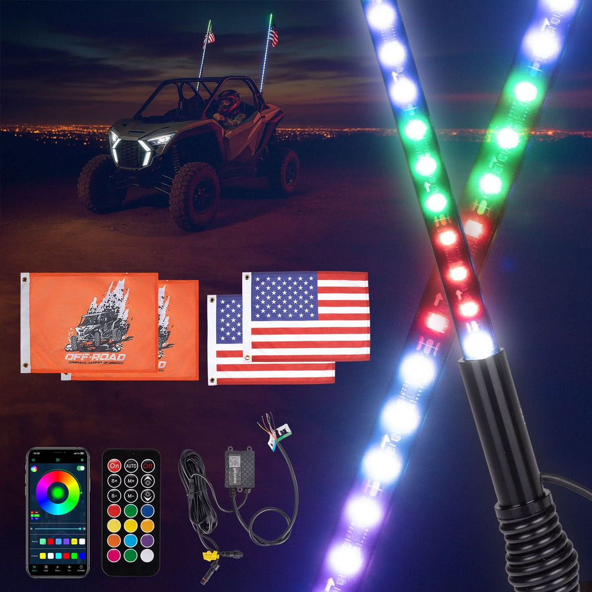 UTV LED Whip Lights 3FT (2PCS) – APP Control, Signal Sync, Spring Base – Fits Maverick X3, Polaris RZR, Talon – fits...