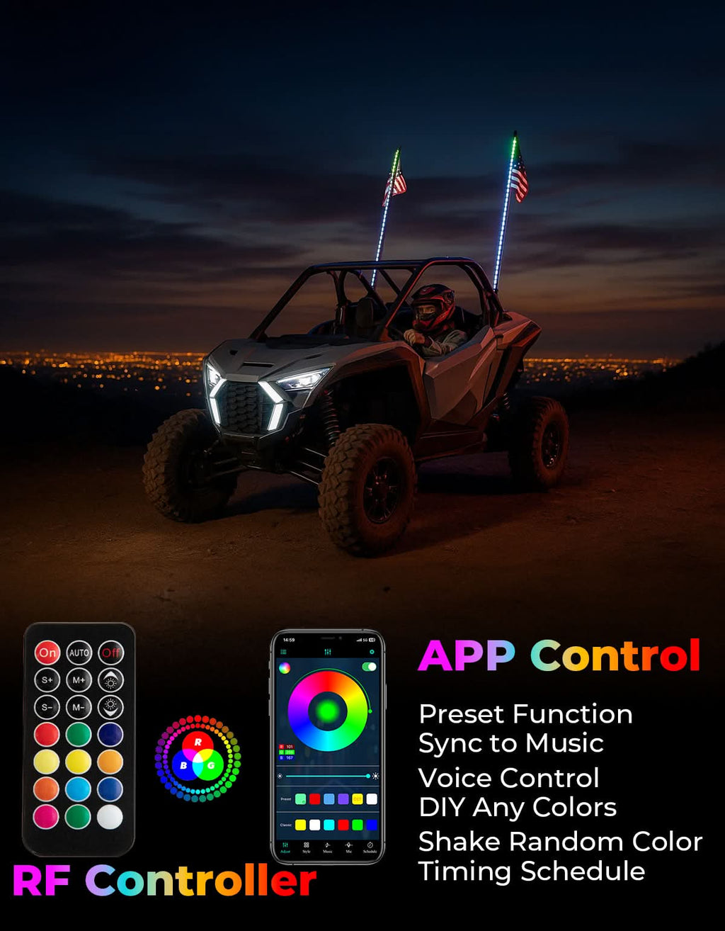 UTV LED Whip Lights 3FT (2PCS) – APP Control, Signal Sync, Spring Base – Fits Maverick X3, Polaris RZR, Talon – fits...