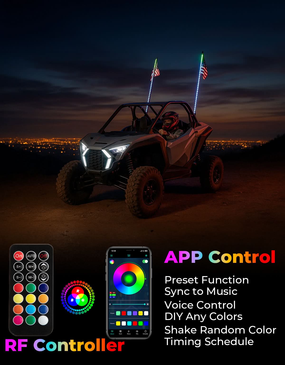 UTV LED Whip Lights 3FT (2PCS) – APP Control, Signal Sync, Spring Base – Fits Maverick X3, Polaris RZR, Talon – fits...