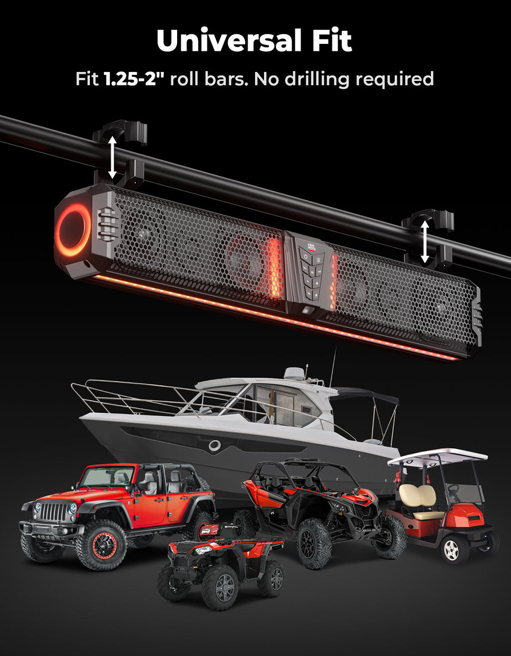 KEMIMOTO Midnight 80 Gen1.5 Metal 32-inch 6-Speaker RGB UTV Sound Bar – fits Polaris RZR (view 6)