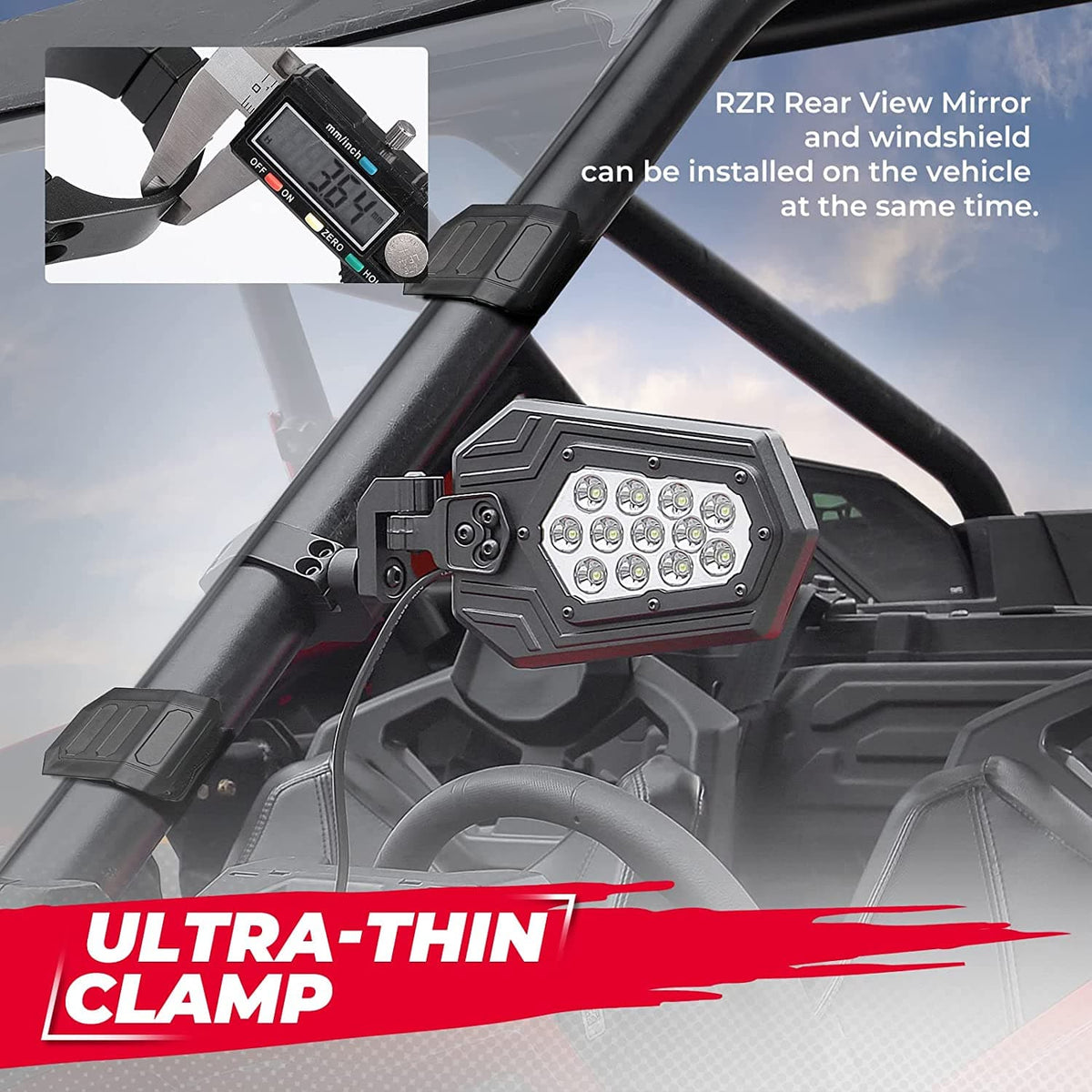 Aluminum UTV Side Mirrors Lights for Can Am Maverick X3/ RZR w/ 1.75"-2" Roll Bar – fits Can-Am Maverick X3 2-Seat (view 3)
