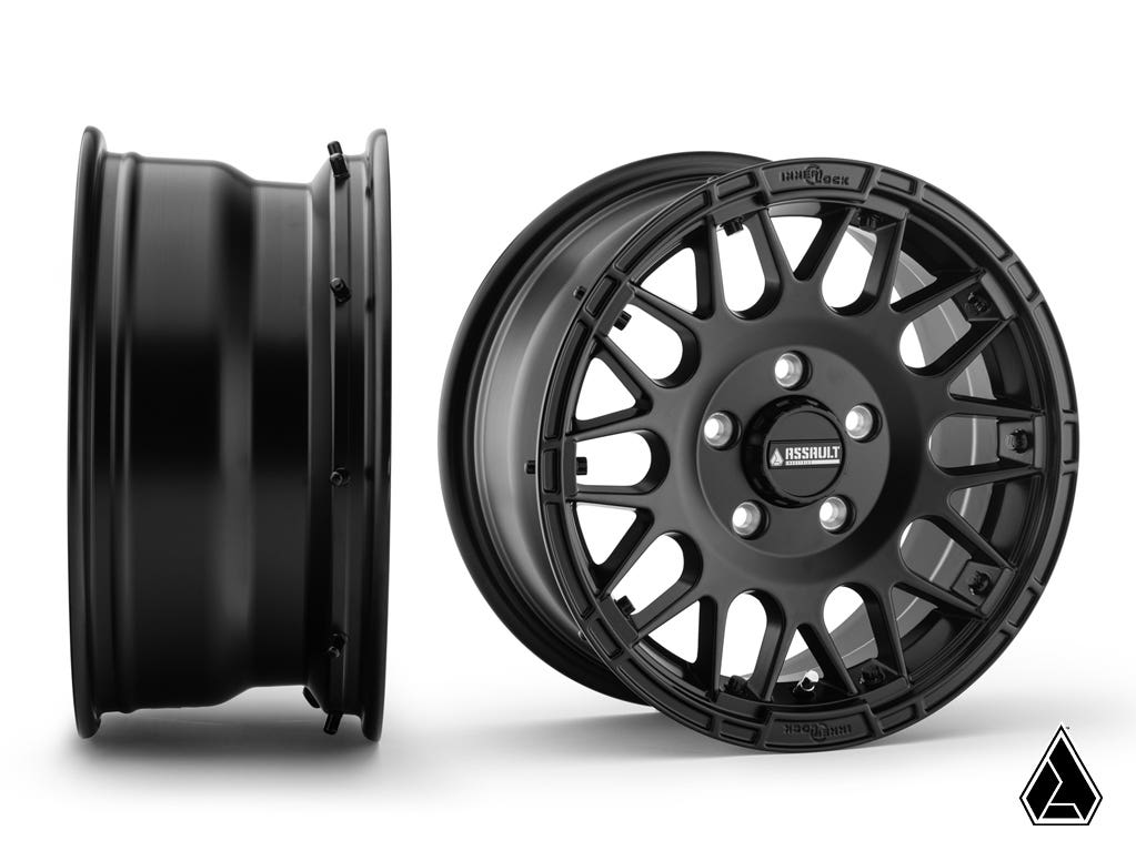 Sticky XT Warrior Tires 35x10x15 on 15x7 Assault Industries Hellfire Satin Black Wheels 5/4.5 Pattern