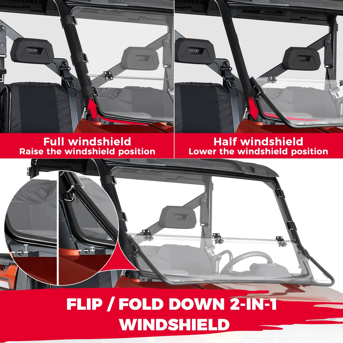 2-IN-1 Flip Up Windshield for Ranger 1000/XP 1000/Crew 2017-2026