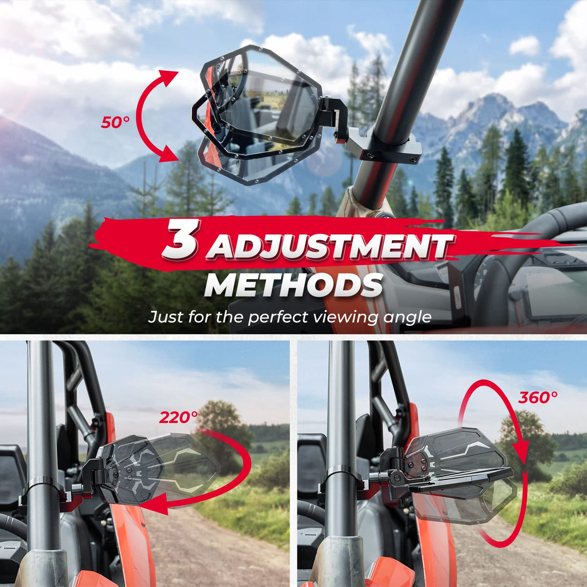 CNC Aluminum UTV Side Mirrors for 1.6"-2" Roll Bar