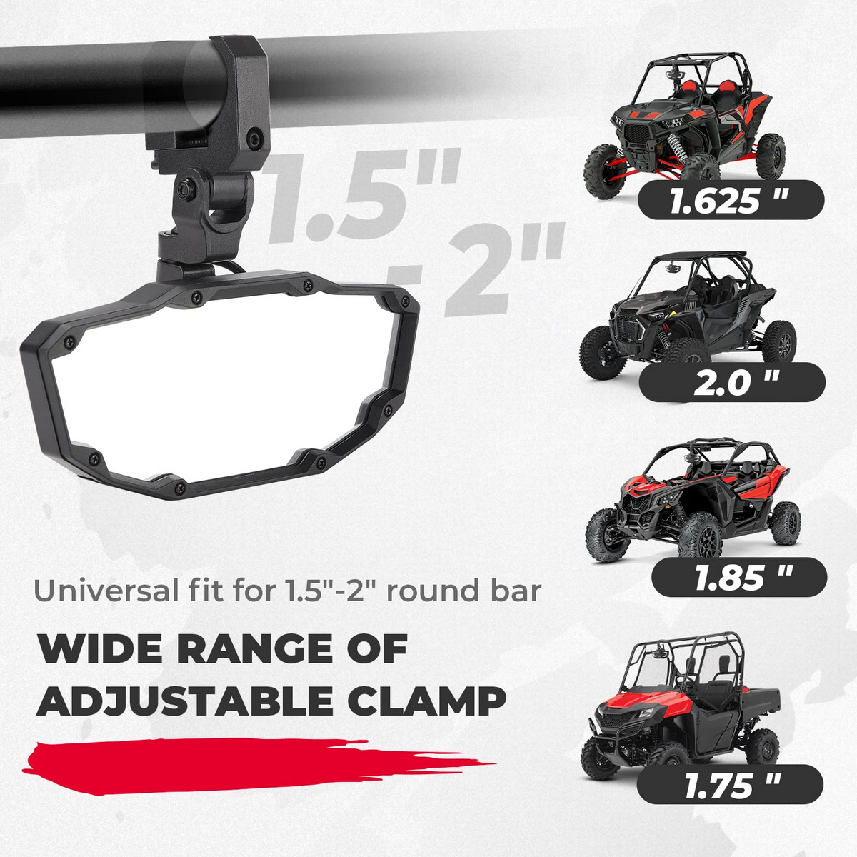 Rear View Mirror with Light Built-in Rechargeable Battery for 1.65" -2" Roll Bar