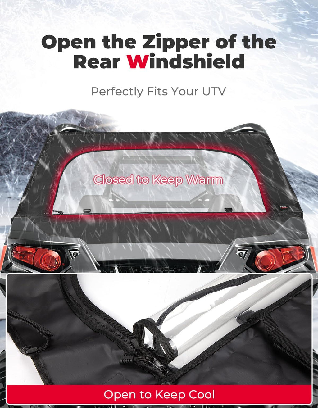 UTV Rear Windshield with Zipper for Polaris RZR 570, RZR Trail 570, 800, S 800, 900 – fits Polaris RZR S 800