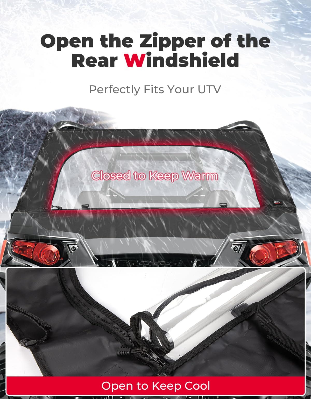 UTV Rear Windshield with Zipper for Polaris RZR 570, RZR Trail 570, 800, S 800, 900 – fits Polaris RZR S 800