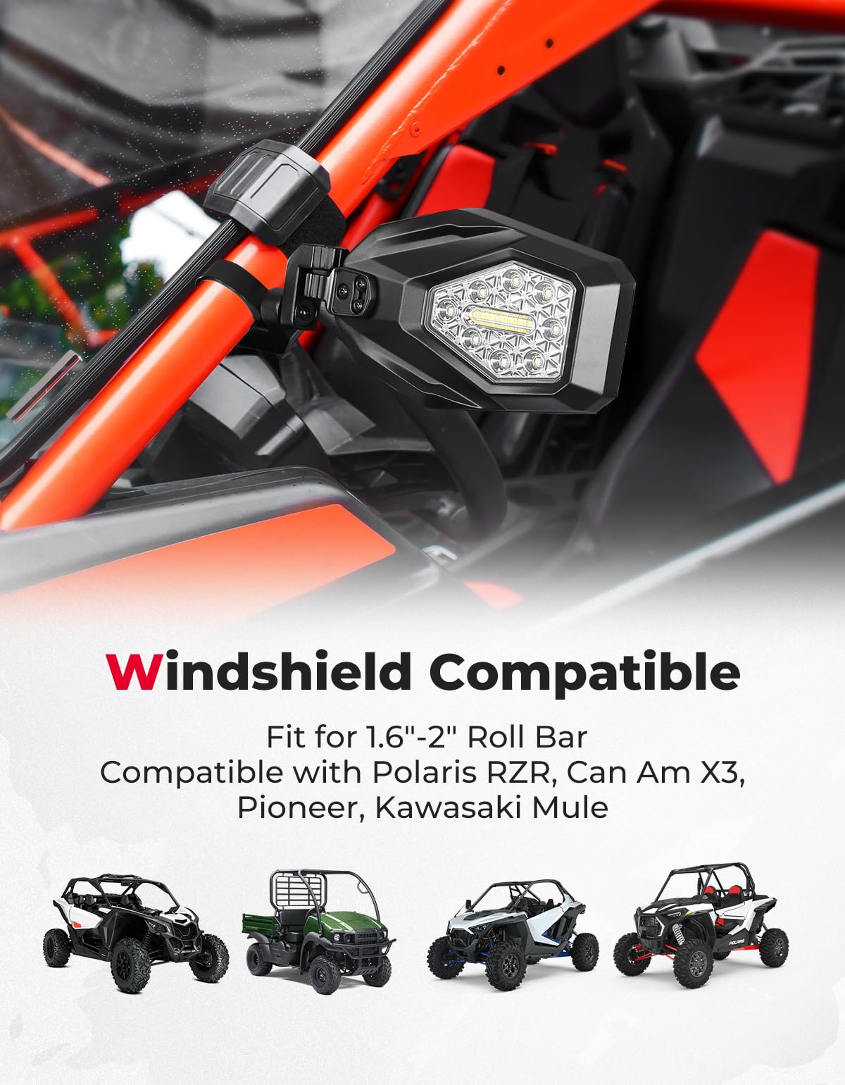 Side Mirrors with LED Turn Lights for Can Am Maverick X3/ RZR w/ 1.6"-2" Roll Bar