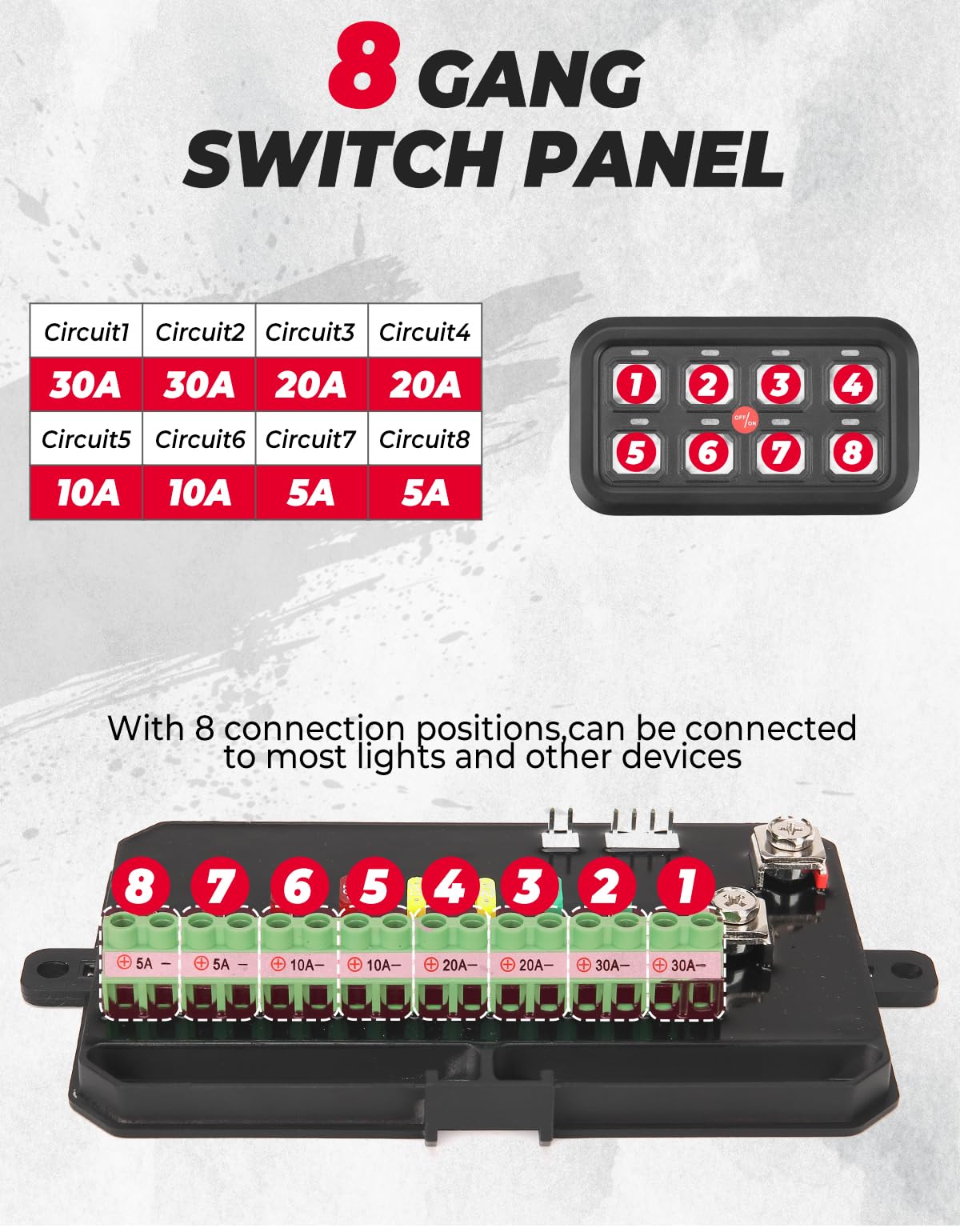 12-24V 8 Gang Switch Panel for Cars, UTVs, Trucks, Wrangler & RZR X3