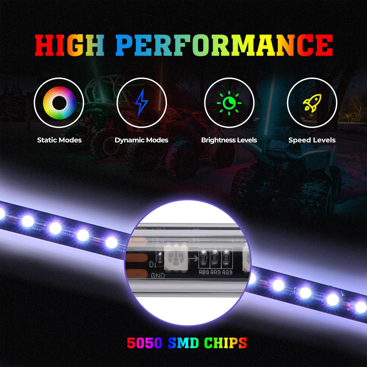 2pcs 4FT Black Limited LED Whip Light with RF Remote Control
