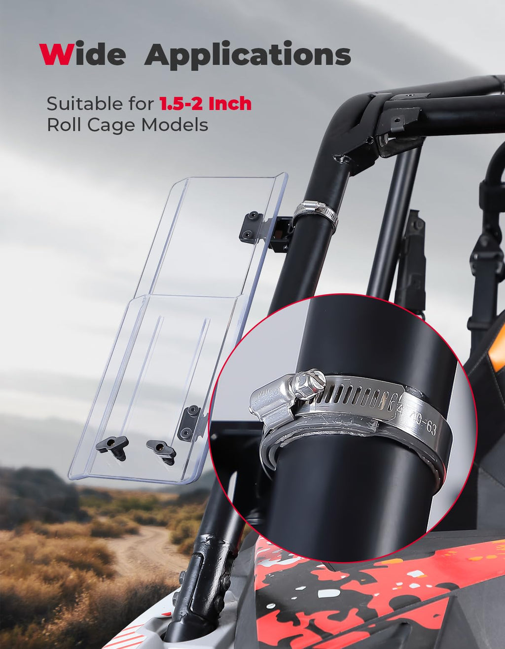 2PCS UTV Side Wind Deflectors for Can-Am / Polaris fit 1.5-2.2 inch Roll Bar